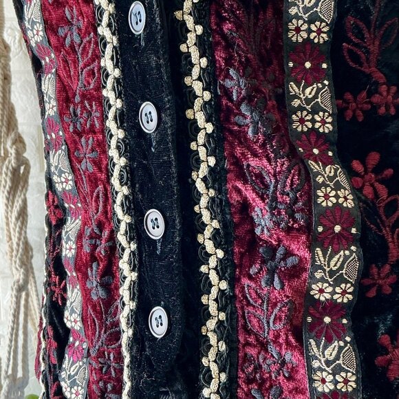 SOLD Vintage 1990s Velvet + Metallic Patterned Whimsigoth Tie Back Vest - Picture 5 of 13